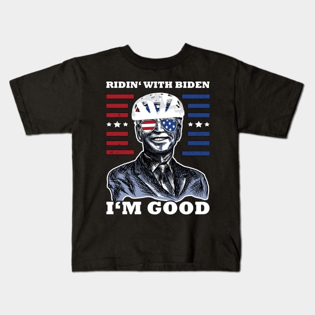 Bicycle Fall trap America Flag Sunglasses Ridin' with Biden I'm Fine Kids T-Shirt by jodotodesign